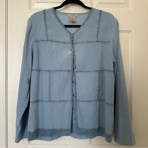 Vintage Teddi Button Front Blouse/Jacket Women’s Sz Large — Light Blue Lace Trim